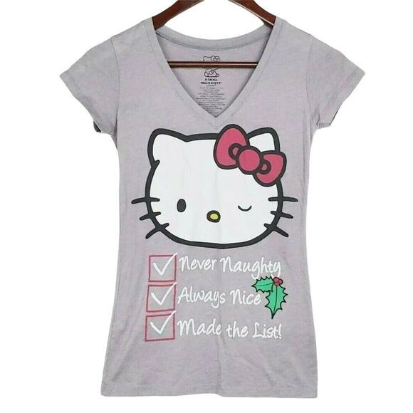 Hello Kitty‎ Christmas Tshirt Juniors Sz XS Gray Santa Claus List Holiday Sanrio - Picture 2 of 5